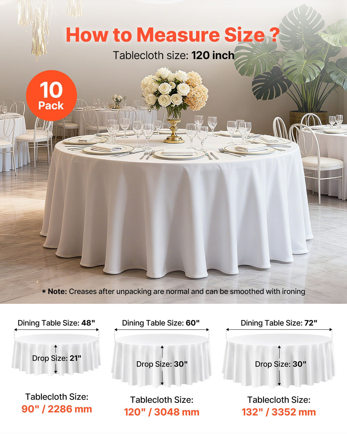 VEVOR White Round Tablecloths 10 Pack, 120 Inches in Diameter, Stain- & Wrinkle- Resistant, Machine Washable Table Clothes, Polyester Fabric Table Covers for Wedding, Party, Banquet, Formal Events - DLZB120YCBS1OB0GB001V0 - view 6