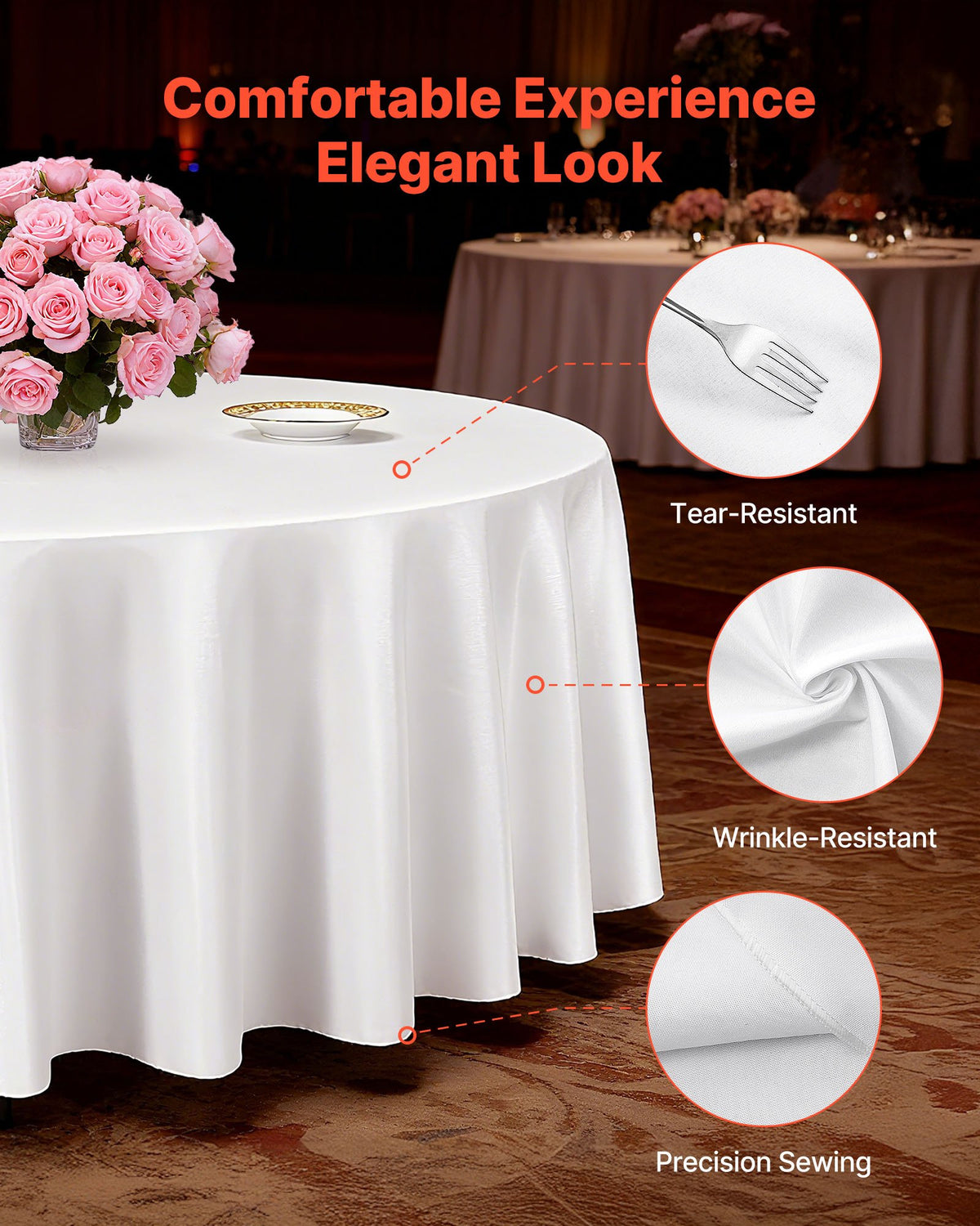 VEVOR White Round Tablecloths 2 Pack, 120 Inches in Diameter, Stain- & Wrinkle- Resistant, Machine Washable Table Clothes, Polyester Fabric Table Covers for Wedding, Party, Banquet, Formal Events - DLZB120YCBS2JJVKT001V0 - view 4