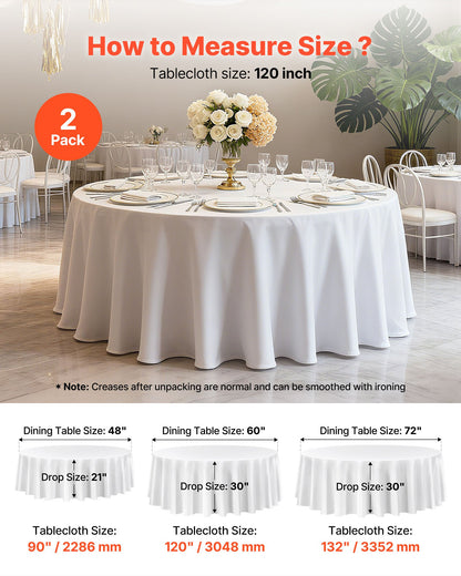 VEVOR White Round Tablecloths 2 Pack, 120 Inches in Diameter, Stain- & Wrinkle- Resistant, Machine Washable Table Clothes, Polyester Fabric Table Covers for Wedding, Party, Banquet, Formal Events - DLZB120YCBS2JJVKT001V0 - view 6