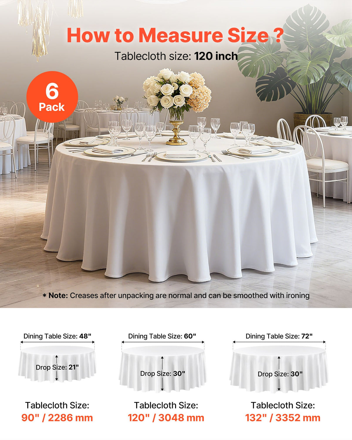 VEVOR White Round Tablecloths 6 Pack, 120 Inches in Diameter, Stain- & Wrinkle- Resistant, Machine Washable Table Clothes, Polyester Fabric Table Covers for Wedding, Party, Banquet, Formal Events - DLZB120YCBS60CX0G001V0 - view 6