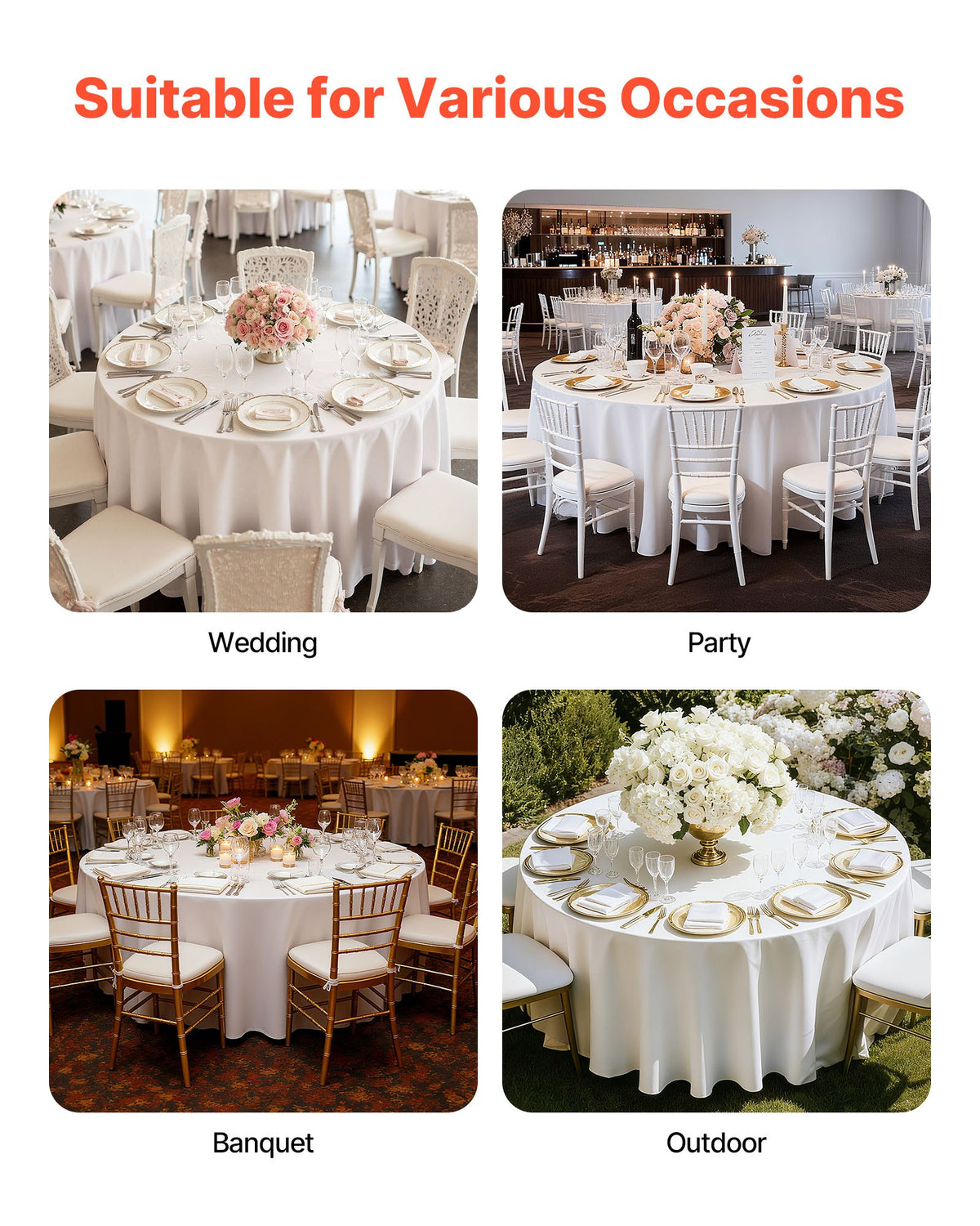 VEVOR White Round Tablecloths 6 Pack, 132 Inches in Diameter, Stain- & Wrinkle- Resistant, Machine Washable Table Clothes, Polyester Fabric Table Covers for Wedding, Party, Banquet, Formal Events - DLZB132INCHBQ9NPD001V0 - view 8