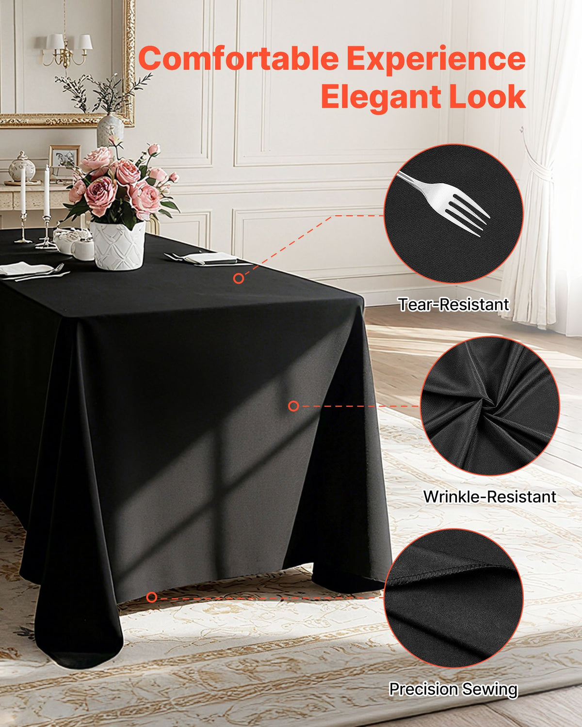 VEVOR Black Tablecloths for Rectangle Tables, 6 Pack, 70 x 120 Inches, Reusable and Machine Washable Table Clothes, Wrinkle-Resistant Polyester Fabric Table Covers for Wedding, Party, Banquet - DLZB70120INCVR5YI001V0 - view 4