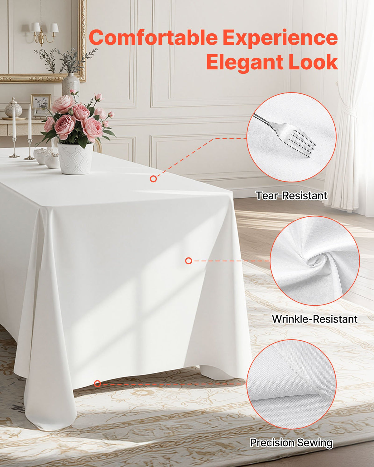 VEVOR White Tablecloths for Rectangle Tables, 6 Pack, 90 x 132 Inches, Reusable and Machine Washable Table Clothes, Wrinkle-Resistant Polyester Fabric Table Covers for Wedding, Party, Banquet - DLZB90132INCOKU2C001V0 - view 4
