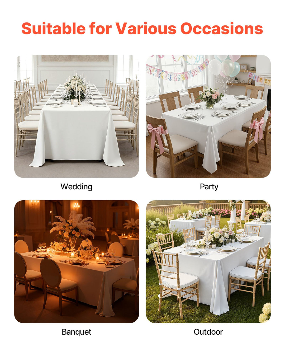 VEVOR White Tablecloths for Rectangle Tables, 6 Pack, 90 x 132 Inches, Reusable and Machine Washable Table Clothes, Wrinkle-Resistant Polyester Fabric Table Covers for Wedding, Party, Banquet - DLZB90132INCOKU2C001V0 - view 8
