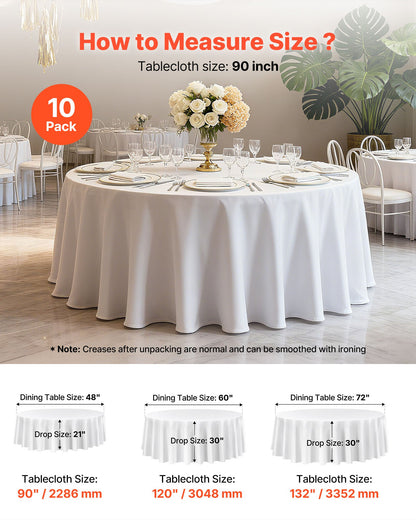 VEVOR White Round Tablecloths 10 Pack, 90 Inches in Diameter, Stain- & Wrinkle- Resistant, Machine Washable Table Clothes, Polyester Fabric Table Covers for Wedding, Party, Banquet, Formal Events - DLZB90YCBS10H4KP5001V0 - view 6