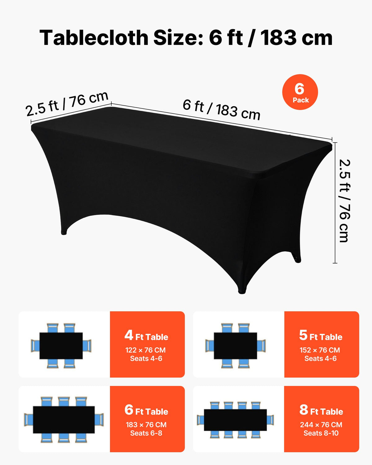 VEVOR 6 Pack Table Cloth for 6FT Rectangular Fitted Events, Wrinkle-Resistant Stretch Black Table Covers, Washable Spandex Tablecloth Protector, for Party, Wedding, Cocktail, Banquet, Festival - DLZZ6FT6PCSHT5RXH001V0 - view 5