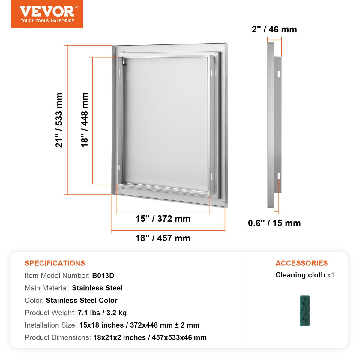 VEVOR BBQ Access Door, 18W x 21H Inch Single Outdoor Kitchen Door, Stainless Steel Flush Mount Door, Wall Vertical Door with Recessed Handle, for BBQ Island, Grilling Station, Outside Cabinet - DMABSCJM18X25F9BVV0 - view 8
