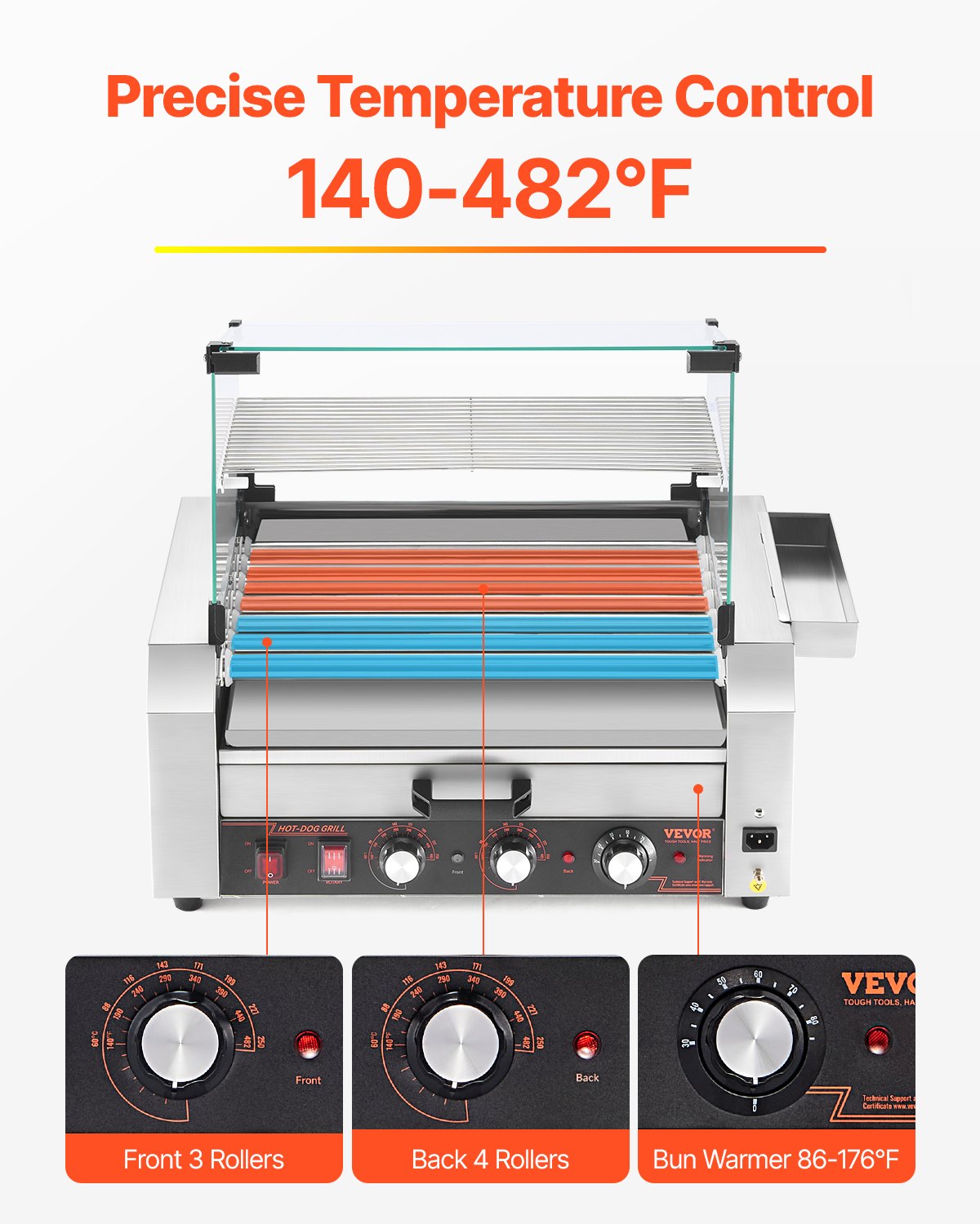 VEVOR Hot Dog Roller, 18 Hot Dog 7 Rollers, Stainless Steel Sausage Grill Cooker, 1200W Hot Dog Machine with Bun Warmer, Cover, 3 Temp Control, Side Storage Box, Oil Drip Tray, for Home & Commercial - DMBBWHGDSRGJ2FTW9V1 - view 4