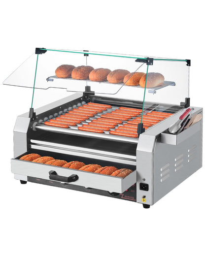 VEVOR Hot Dog Roller, 30 Hot Dog 11 Rollers, Stainless Steel Sausage Grill Cooker, 1950W Hot Dog Machine with Bun Warmer, Cover, 3 Temp Control, Side Storage Box, Oil Drip Tray, for Home & Commercial - DMBBWHGDSRGJQ1BB8V1 - view 1