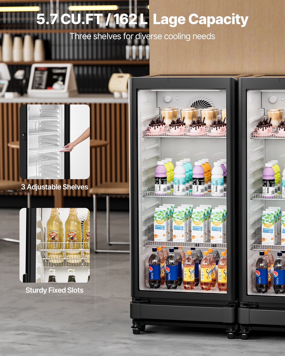 VEVOR Commercial Merchandiser Refrigerator, 5.7 CU.FT Glass Door Display Refrigerator Upright Fridge, Beverage Refrigerator Cooler Merchandiser with 3 Adjustable Shelves and Soft LED Light, Black - DMBLMBXBDDX5QYTI0V1 - view 3