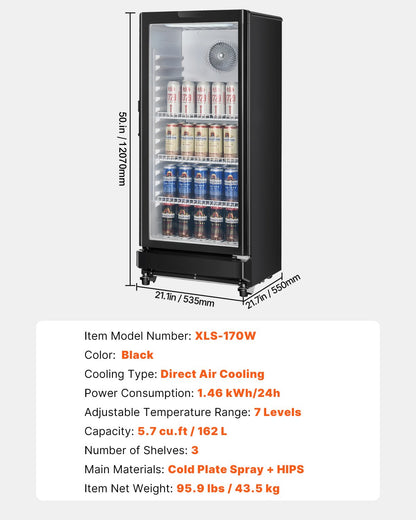 VEVOR Commercial Merchandiser Refrigerator, 5.7 CU.FT Glass Door Display Refrigerator Upright Fridge, Beverage Refrigerator Cooler Merchandiser with 3 Adjustable Shelves and Soft LED Light, Black - DMBLMBXBDDX5QYTI0V1 - view 8