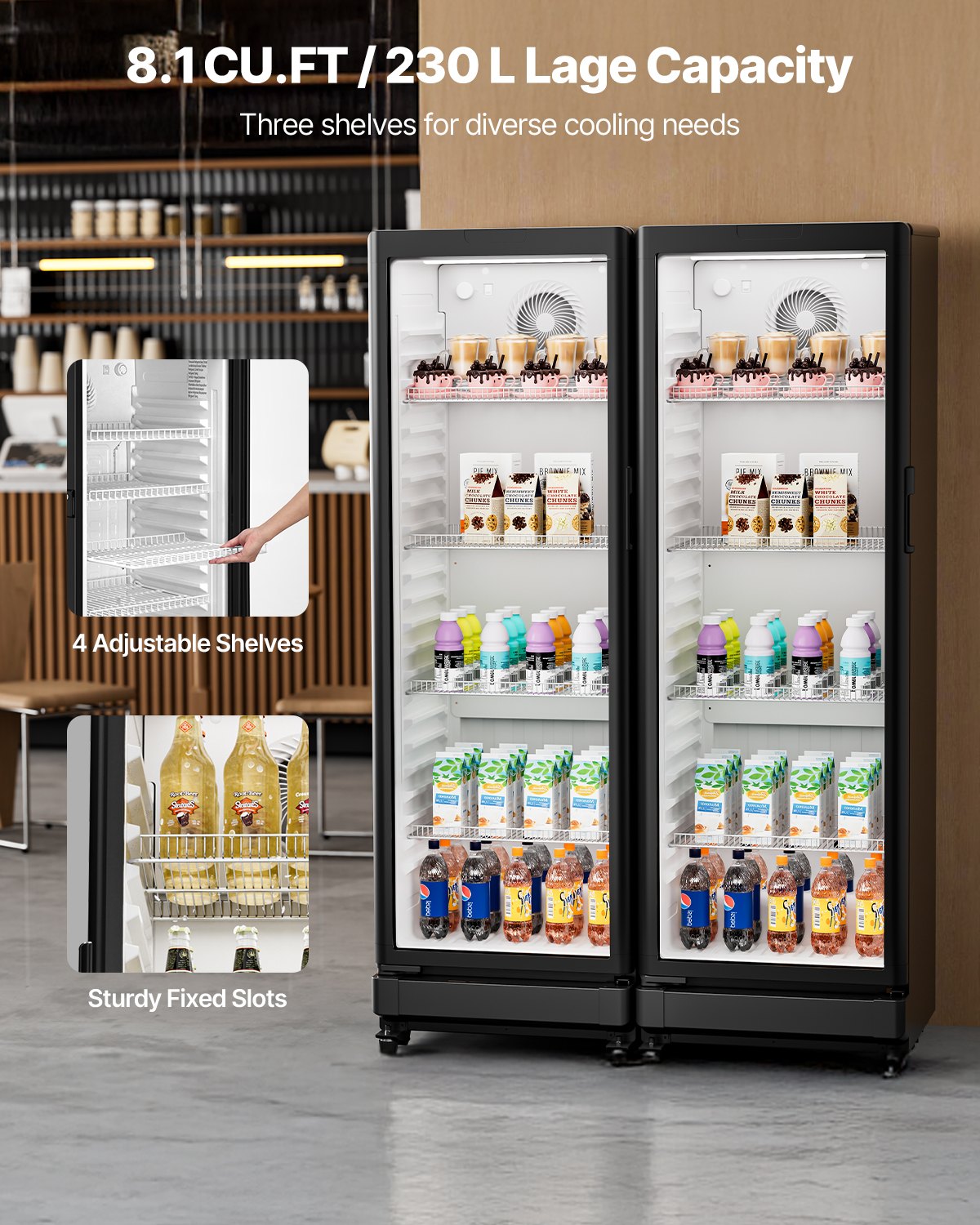 VEVOR Commercial Merchandiser Refrigerator, 8.1 CU.FT Glass Door Display Refrigerator Upright Fridge, Beverage Refrigerator Cooler Merchandiser with 4 Adjustable Shelves and Soft LED Light, Black - DMBLMBXBDDX8BWK5VV1 - view 3