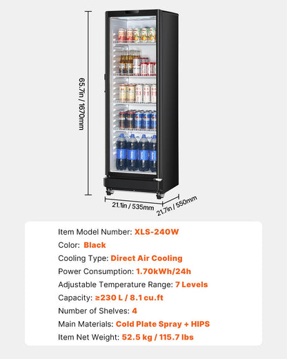 VEVOR Commercial Merchandiser Refrigerator, 8.1 CU.FT Glass Door Display Refrigerator Upright Fridge, Beverage Refrigerator Cooler Merchandiser with 4 Adjustable Shelves and Soft LED Light, Black - DMBLMBXBDDX8BWK5VV1 - view 8