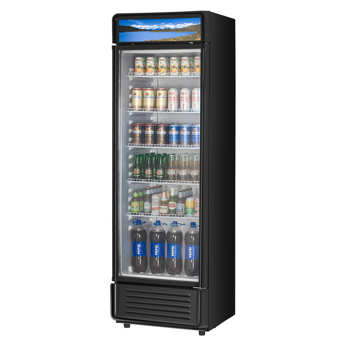 VEVOR Commercial Merchandiser Refrigerator, 12.2 CU.FT Glass Door Display Refrigerator, Beverage Refrigerator Cooler Merchandiser with Adjustable Shelves, Soft LED Light, Customizable Lightbox, Black - DMBLMBXDDX121UFHAV1 - view 1
