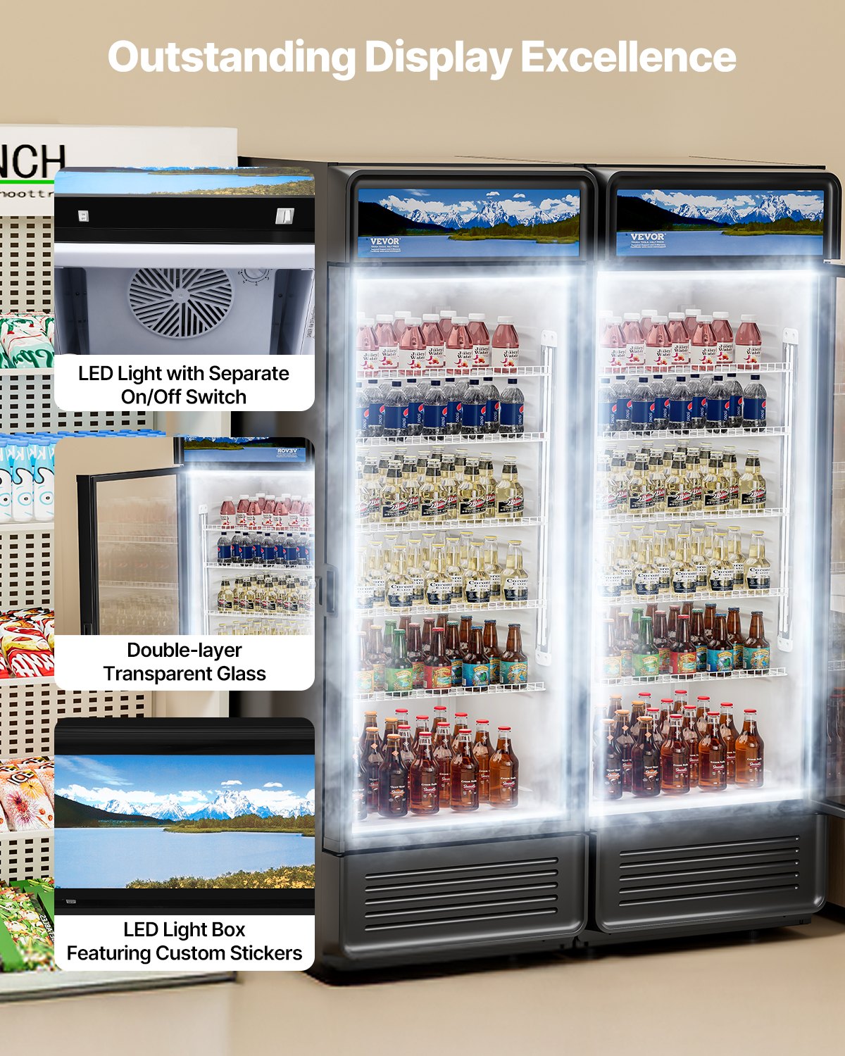 VEVOR Commercial Merchandiser Refrigerator, 12.2 CU.FT Glass Door Display Refrigerator, Beverage Refrigerator Cooler Merchandiser with Adjustable Shelves, Soft LED Light, Customizable Lightbox, Black - DMBLMBXDDX121UFHAV1 - view 6