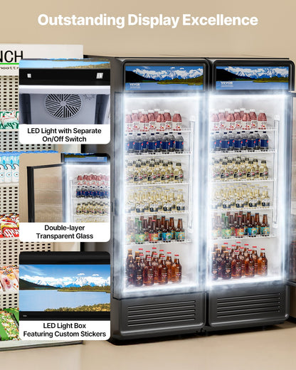 VEVOR Commercial Merchandiser Refrigerator, 12.2 CU.FT Glass Door Display Refrigerator, Beverage Refrigerator Cooler Merchandiser with Adjustable Shelves, Soft LED Light, Customizable Lightbox, Black - DMBLMBXDDX121UFHAV1 - view 6