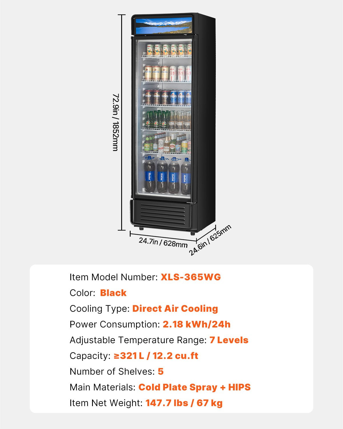 VEVOR Commercial Merchandiser Refrigerator, 12.2 CU.FT Glass Door Display Refrigerator, Beverage Refrigerator Cooler Merchandiser with Adjustable Shelves, Soft LED Light, Customizable Lightbox, Black - DMBLMBXDDX121UFHAV1 - view 8