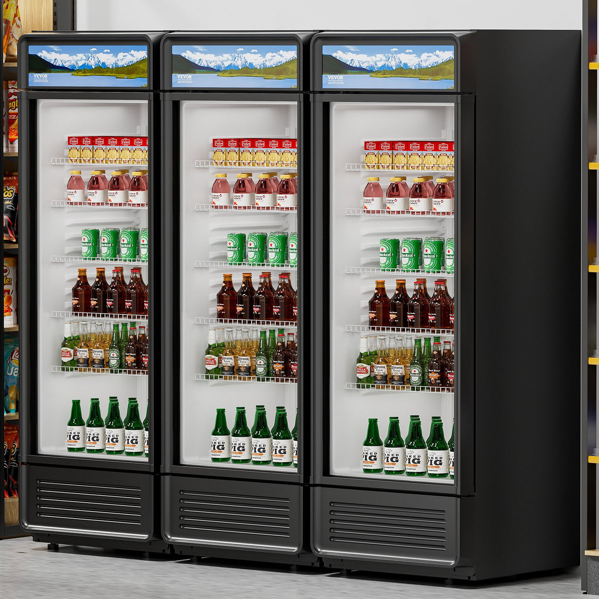 VEVOR Commercial Merchandiser Refrigerator, 12.2 CU.FT Glass Door Display Refrigerator, Beverage Refrigerator Cooler Merchandiser with Adjustable Shelves, Soft LED Light, Customizable Lightbox, Black - DMBLMBXDDX121UFHAV1 - view 9