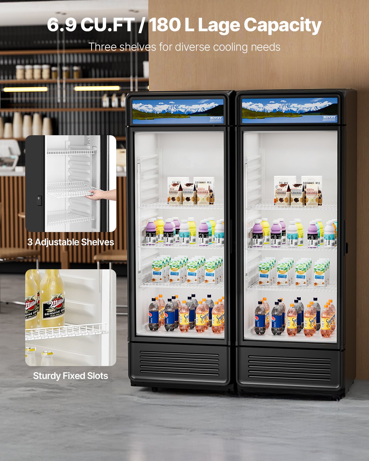 VEVOR Commercial Merchandiser Refrigerator, 6.9 CU.FT Glass Door Display Refrigerator, Beverage Refrigerator Cooler Merchandiser with Adjustable Shelves, Soft LED Light, Customizable Lightbox, Black - DMBLMBXDDX69YL6M6V1 - view 3