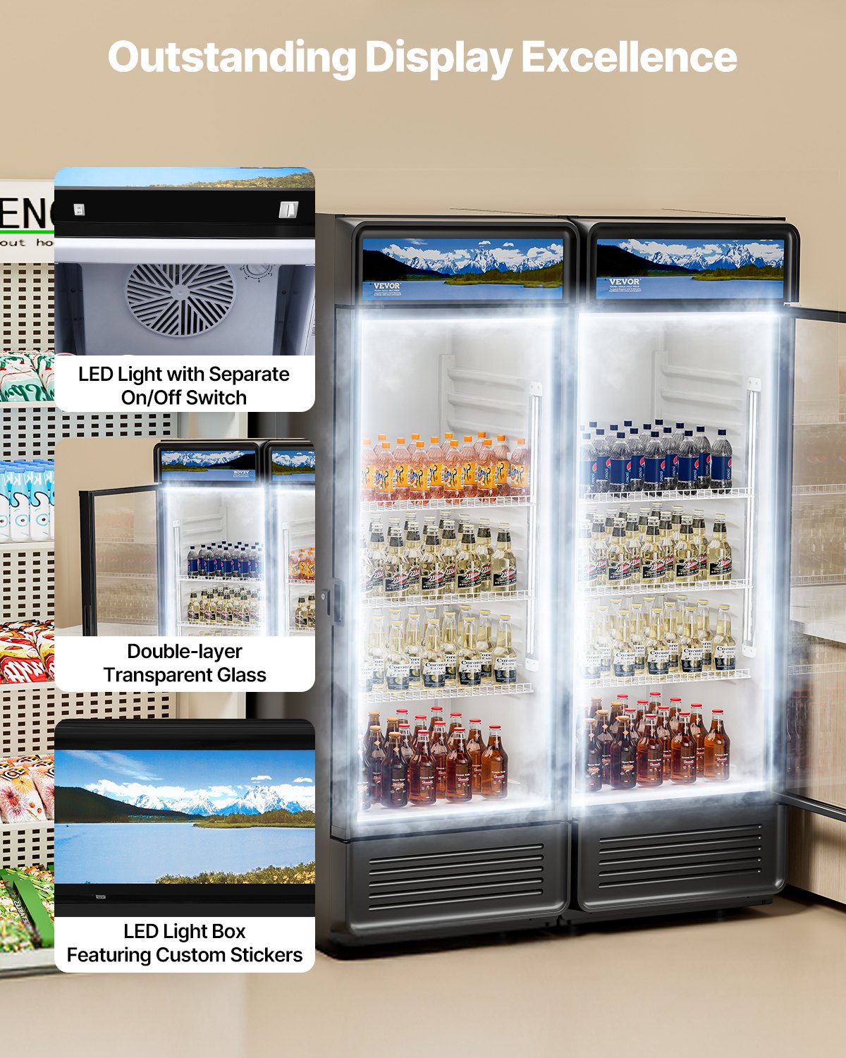 VEVOR Commercial Merchandiser Refrigerator, 6.9 CU.FT Glass Door Display Refrigerator, Beverage Refrigerator Cooler Merchandiser with Adjustable Shelves, Soft LED Light, Customizable Lightbox, Black - DMBLMBXDDX69YL6M6V1 - view 6