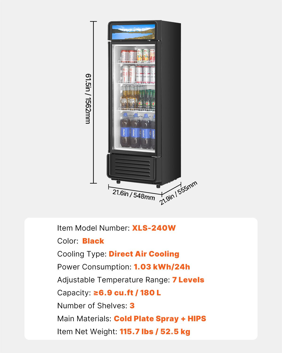 VEVOR Commercial Merchandiser Refrigerator, 6.9 CU.FT Glass Door Display Refrigerator, Beverage Refrigerator Cooler Merchandiser with Adjustable Shelves, Soft LED Light, Customizable Lightbox, Black - DMBLMBXDDX69YL6M6V1 - view 8