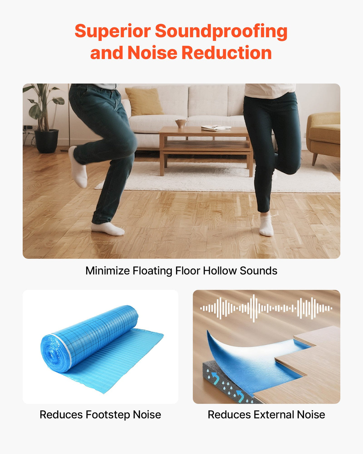 VEVOR Floor Underlayment 200 sq. ft/Roll, 3-in-1 3 mm Thick Flooring Padding with Tape & Vapor Barrier, Heavy Duty EPE Foam with Blue PE, Soundproofing and Noise Reduction,for Laminate Wood Floors - DMCDEPE200SQHA5JI001V0 - view 5