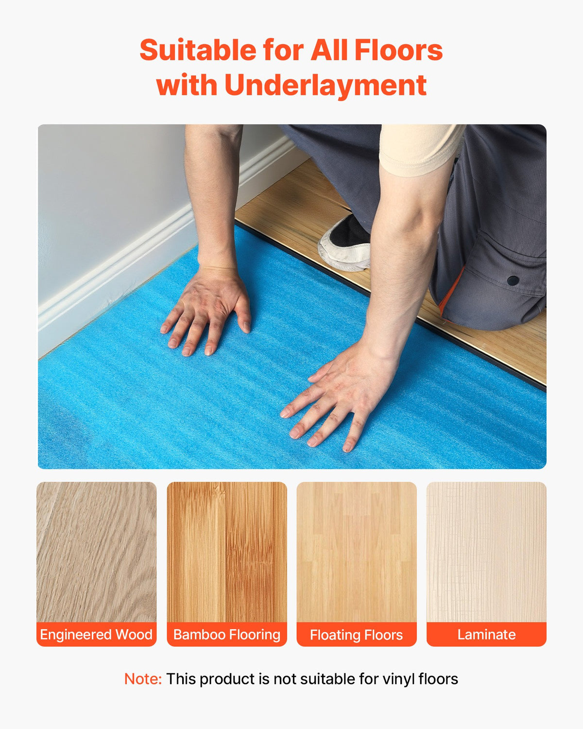 VEVOR Floor Underlayment 300 sq. ft, 3-in-1 2 mm Thick Flooring Padding with Tape & Vapor Barrier, Heavy Duty EPE Foam Soundproofing & Noise Reduction
