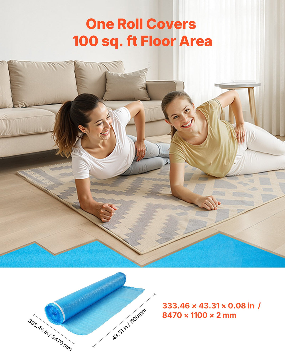 VEVOR Floor Underlayment 600 sq. ft, 3-in-1 2 mm Thick Flooring Padding with Tape & Vapor Barrier, Heavy Duty EPE Foam Soundproofing & Noise Reduction, for Laminate Wood (6 Rolls x 100 sq. ft) - DMCDEPE600SQTL6G6001V0 - view 3