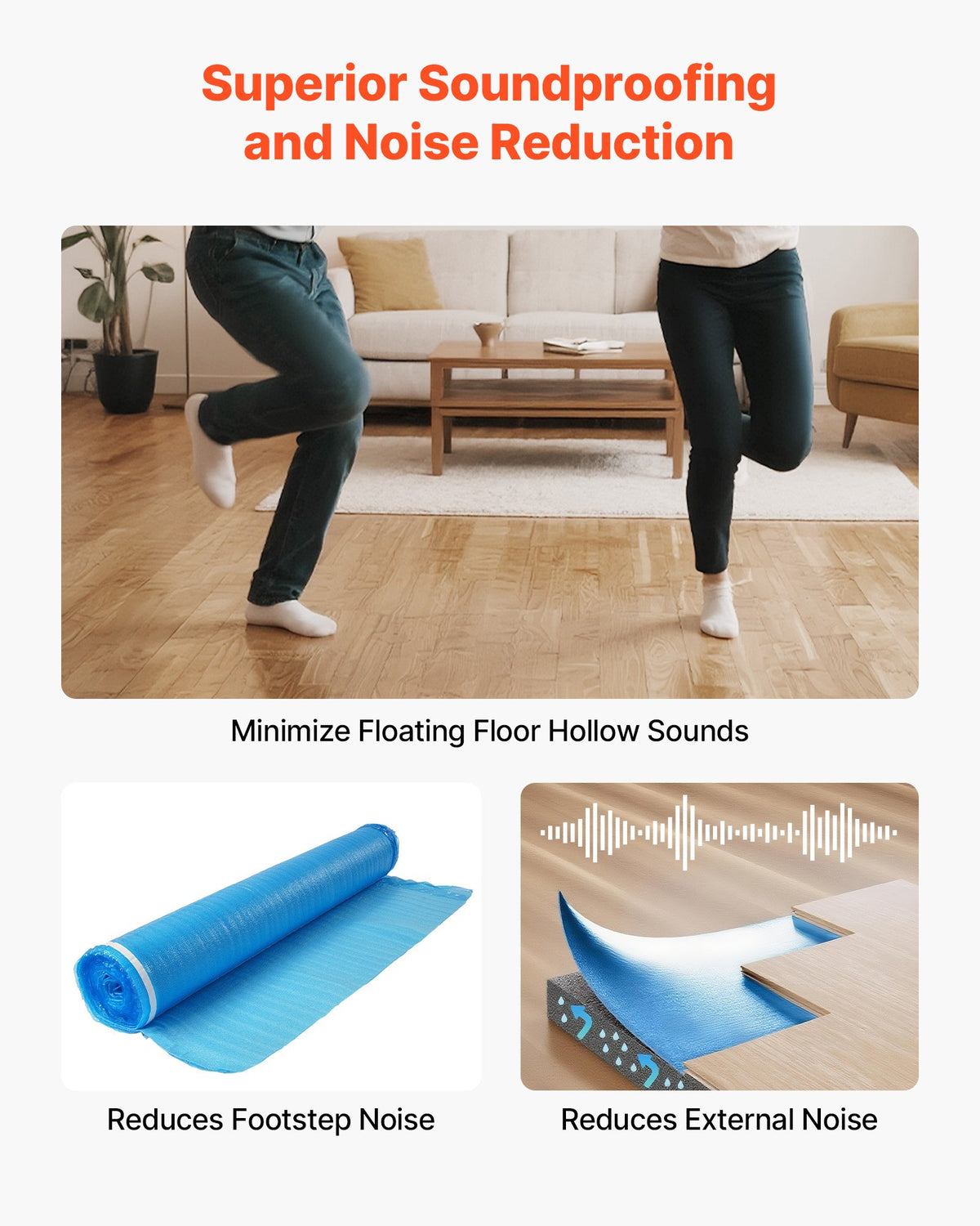 VEVOR Floor Underlayment 600 sq. ft, 3-in-1 2 mm Thick Flooring Padding with Tape & Vapor Barrier, Heavy Duty EPE Foam Soundproofing & Noise Reduction, for Laminate Wood (6 Rolls x 100 sq. ft) - DMCDEPE600SQTL6G6001V0 - view 5