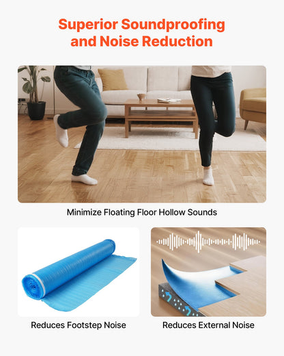 VEVOR Floor Underlayment 600 sq. ft, 3-in-1 2 mm Thick Flooring Padding with Tape & Vapor Barrier, Heavy Duty EPE Foam Soundproofing & Noise Reduction, for Laminate Wood (6 Rolls x 100 sq. ft) - DMCDEPE600SQTL6G6001V0 - view 5