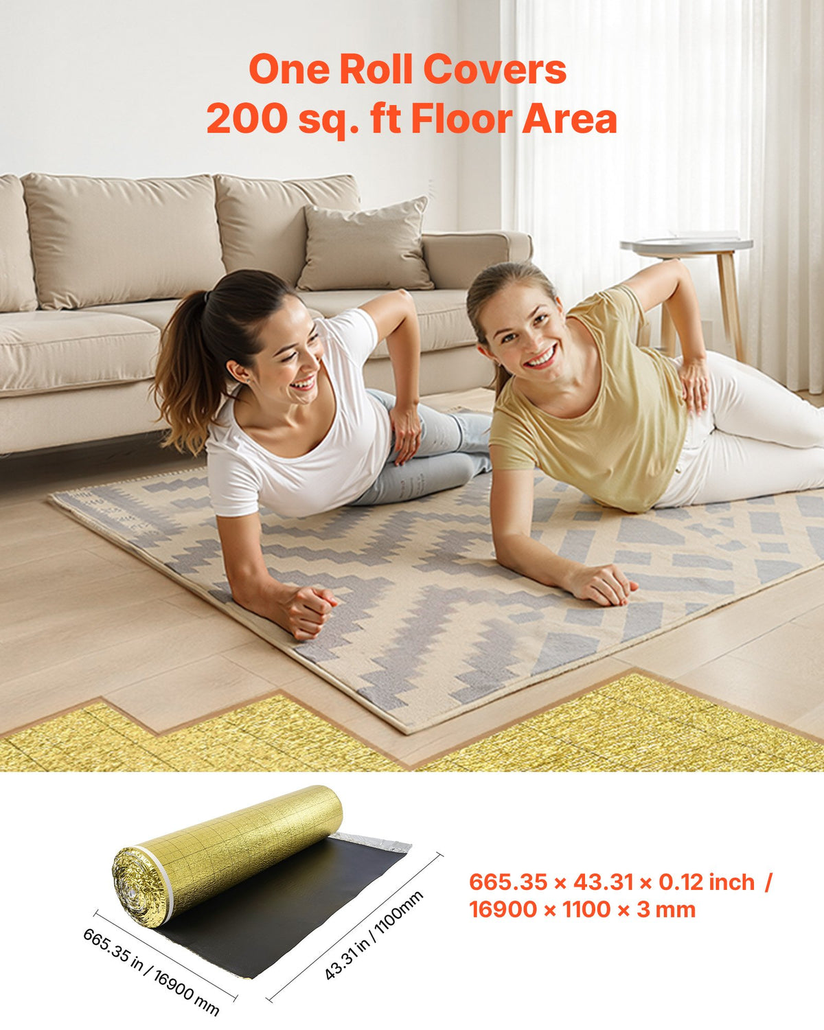 VEVOR Floor Underlayment 200 sq. ft/Roll, 3-in-1 3 mm Thick Flooring Padding with Tape & Vapor Barrier, Heavy Duty EPE Foam with Gold PE, Soundproofing and Noise Reduction, for Laminate Wood Floors - DMCDIXPE200S0604T001V0 - view 3