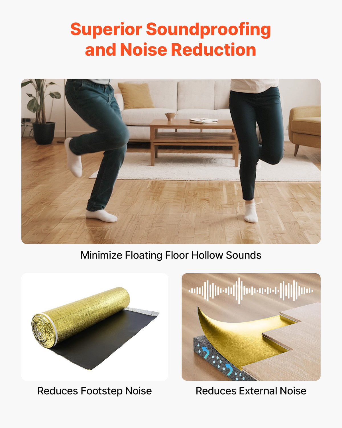 VEVOR Floor Underlayment 200 sq. ft/Roll, 3-in-1 3 mm Thick Flooring Padding with Tape & Vapor Barrier, Heavy Duty EPE Foam with Gold PE, Soundproofing and Noise Reduction, for Laminate Wood Floors - DMCDIXPE200S0604T001V0 - view 5