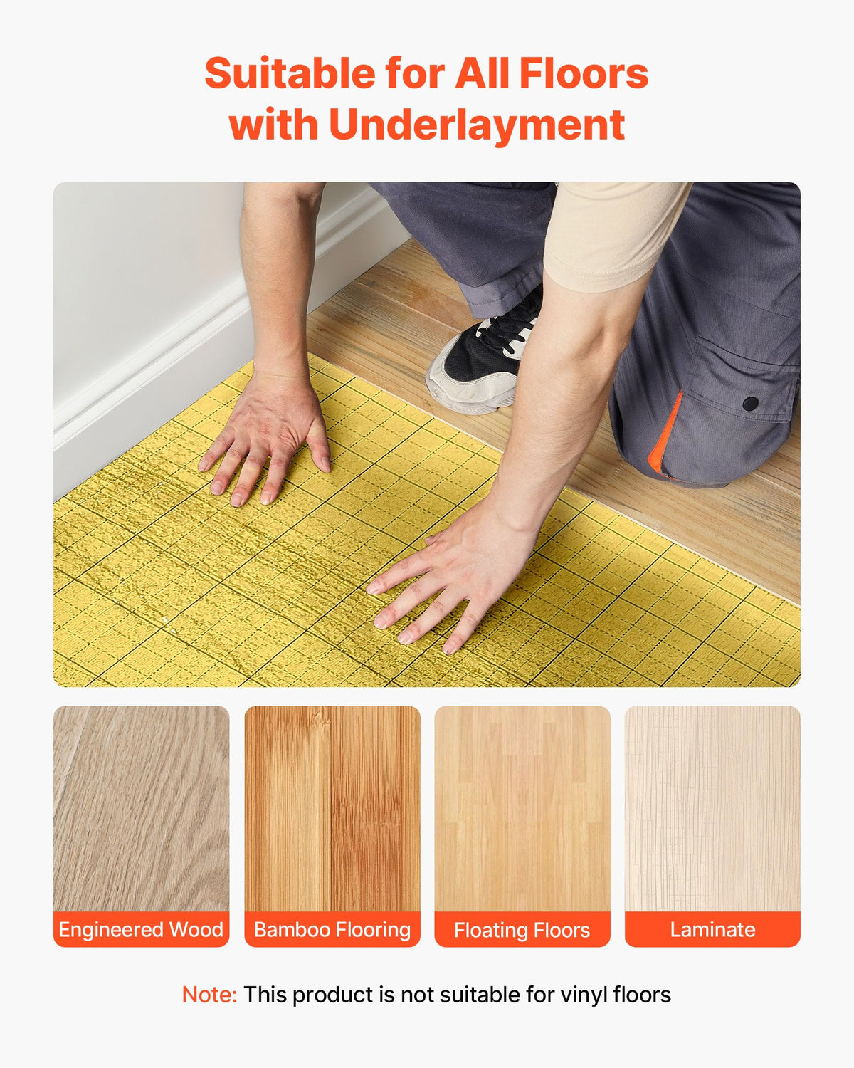 VEVOR Floor Underlayment 200 sq. ft/Roll, 3-in-1 3 mm Thick Flooring Padding with Tape & Vapor Barrier, Heavy Duty EPE Foam with Gold PE, Soundproofing and Noise Reduction, for Laminate Wood Floors - DMCDIXPE200S0604T001V0 - view 7