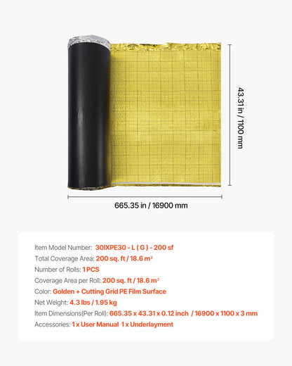 VEVOR Floor Underlayment 200 sq. ft/Roll, 3-in-1 3 mm Thick Flooring Padding with Tape & Vapor Barrier, Heavy Duty EPE Foam with Gold PE, Soundproofing and Noise Reduction, for Laminate Wood Floors - DMCDIXPE200S0604T001V0 - view 8