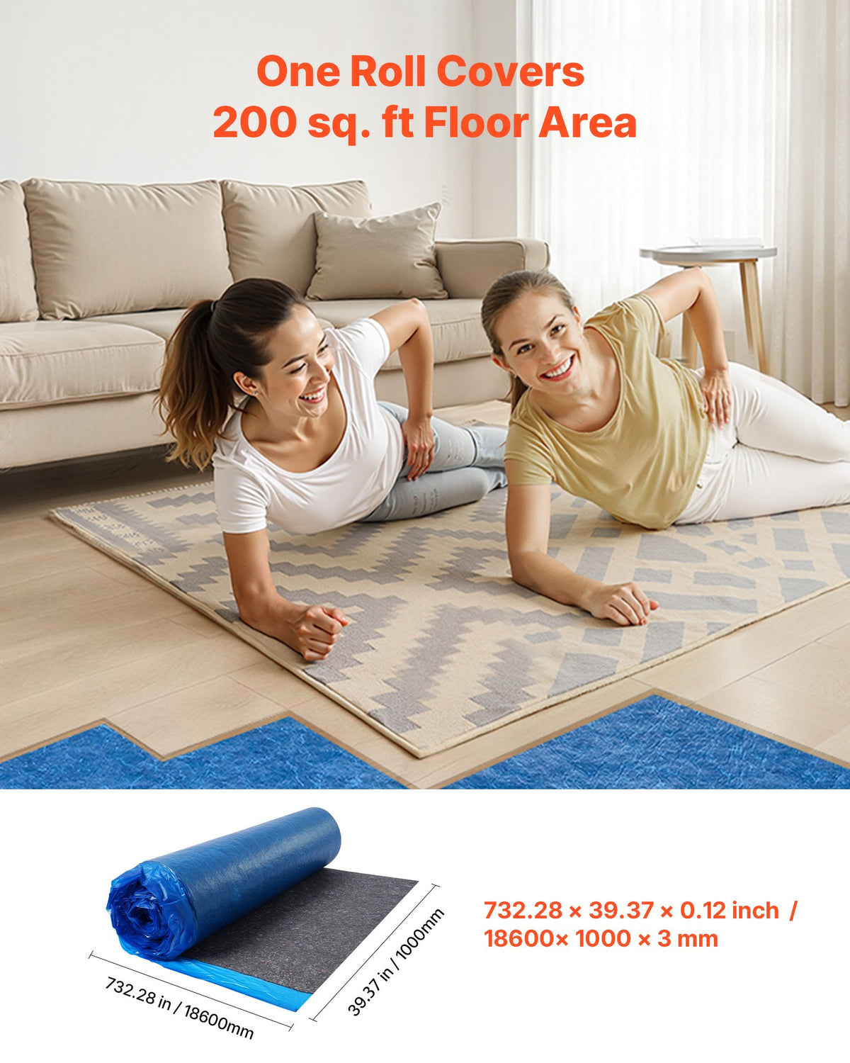 VEVOR Floor Underlayment 200 sq. ft/Roll, 3 mm Thick Laminate Flooring Padding with Attached Vapor Barrier, Heavy Duty Fiber + PE Film, Soundproofing & Noise Reduction, Ideal for Laminate Wood Floors - DMCDLM30MMHS1KUN7001V0 - view 3
