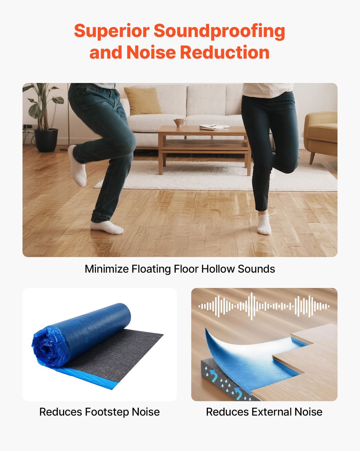 VEVOR Floor Underlayment 200 sq. ft/Roll, 3 mm Thick Laminate Flooring Padding with Attached Vapor Barrier, Heavy Duty Fiber + PE Film, Soundproofing & Noise Reduction, Ideal for Laminate Wood Floors - DMCDLM30MMHS1KUN7001V0 - view 5