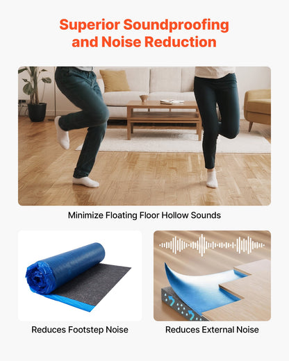 VEVOR Floor Underlayment 200 sq. ft/Roll, 3 mm Thick Laminate Flooring Padding with Attached Vapor Barrier, Heavy Duty Fiber + PE Film, Soundproofing & Noise Reduction, Ideal for Laminate Wood Floors - DMCDLM30MMHS1KUN7001V0 - view 5
