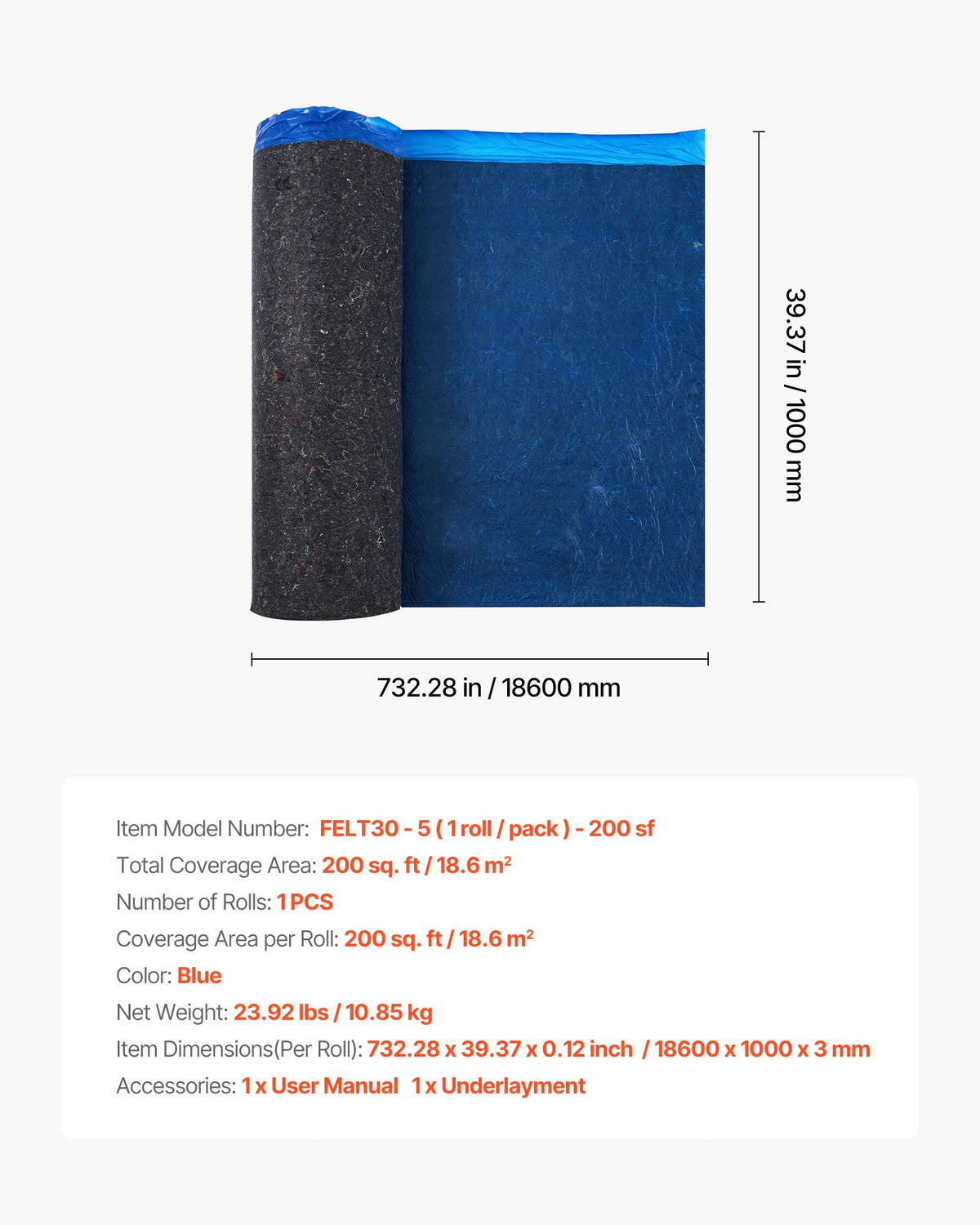 VEVOR Floor Underlayment 200 sq. ft/Roll, 3 mm Thick Laminate Flooring Padding with Attached Vapor Barrier, Heavy Duty Fiber + PE Film, Soundproofing & Noise Reduction, Ideal for Laminate Wood Floors - DMCDLM30MMHS1KUN7001V0 - view 8