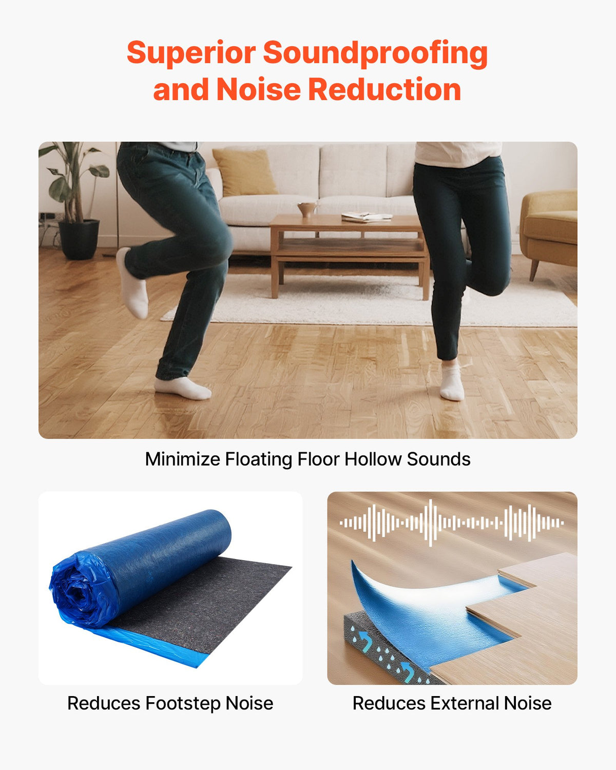 VEVOR Floor Underlayment 400 sq. ft, 3mm Laminate Flooring Padding with Attached Vapor Barrier, Heavy Duty Fiber+PE Film, Soundproofing & Noise Reduction for Vinyl & Wood(2 Rolls x 200 sq. ft) - DMCDLM30MMHSWPGEH001V0 - view 5