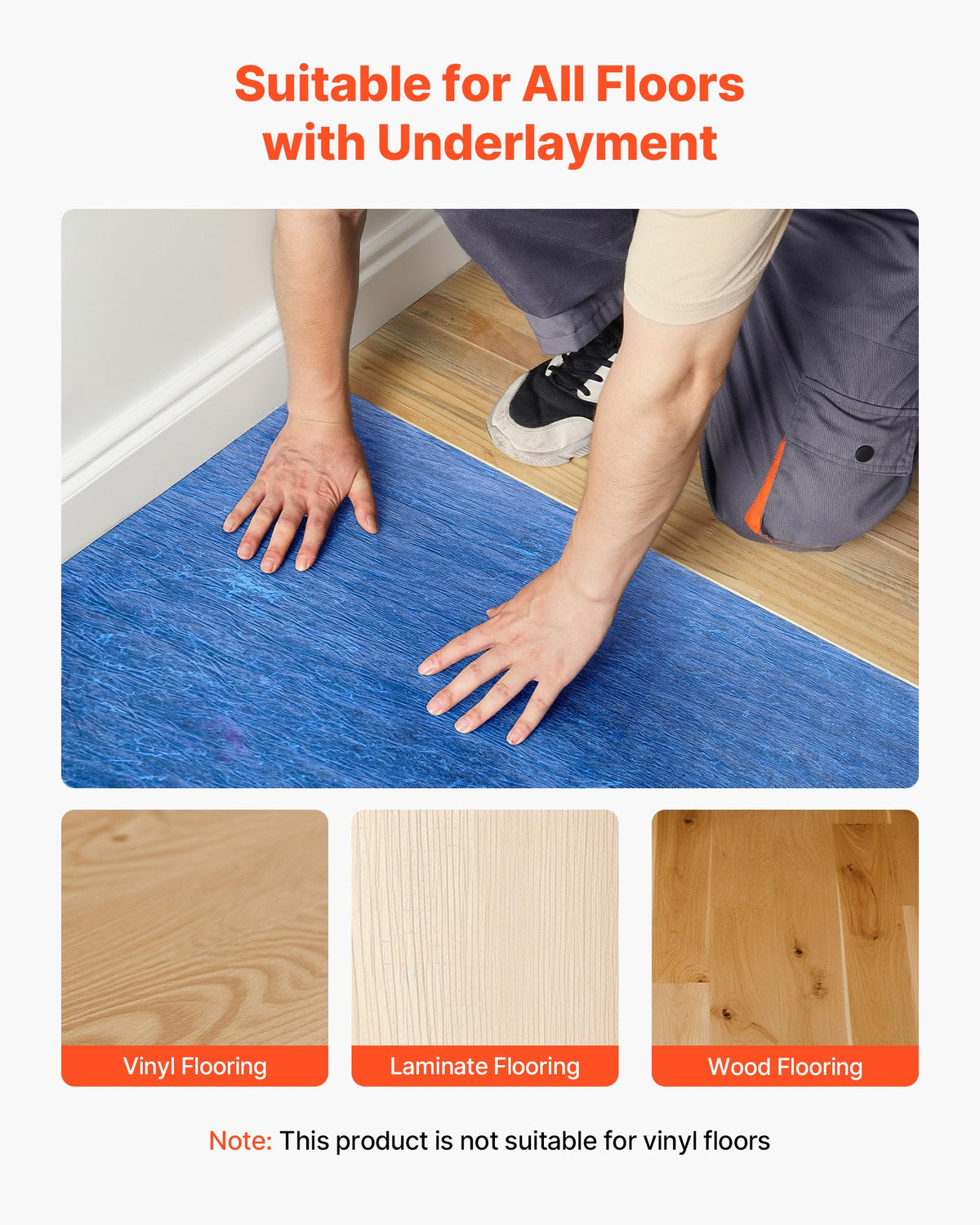 VEVOR Floor Underlayment 400 sq. ft, 3mm Laminate Flooring Padding with Attached Vapor Barrier, Heavy Duty Fiber+PE Film, Soundproofing & Noise Reduction for Vinyl & Wood(2 Rolls x 200 sq. ft) - DMCDLM30MMHSWPGEH001V0 - view 7