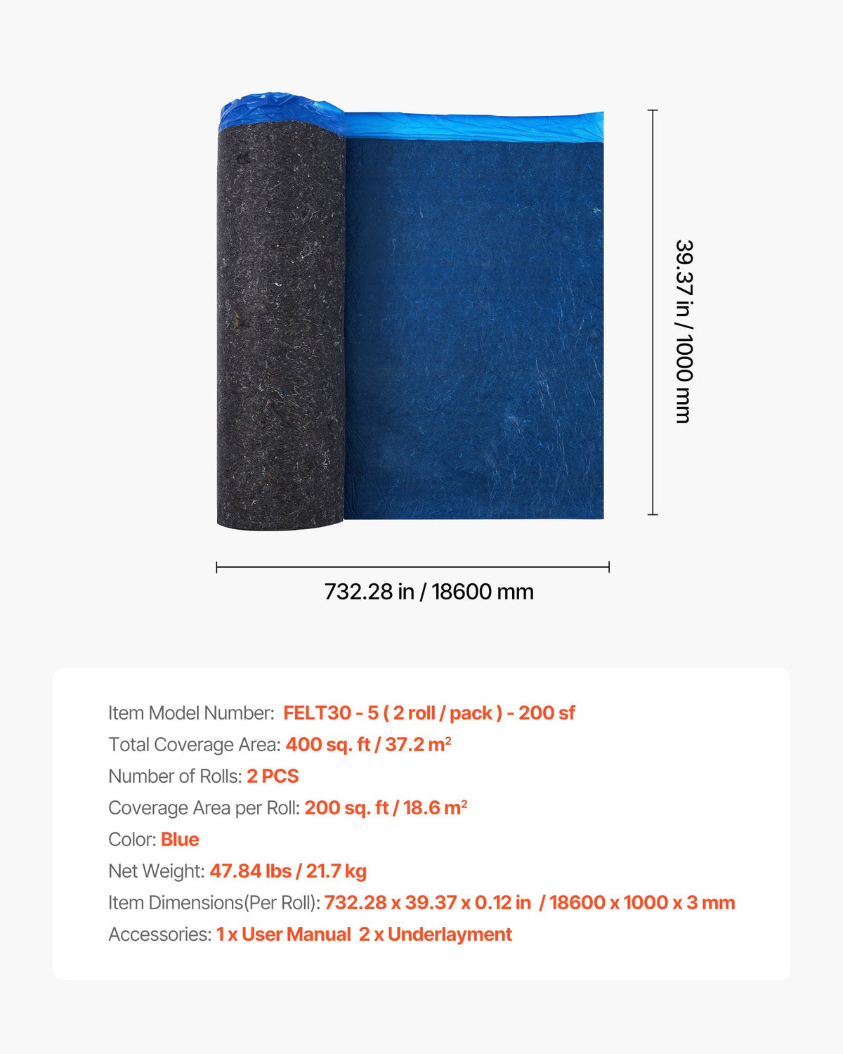 VEVOR Floor Underlayment 400 sq. ft, 3mm Laminate Flooring Padding with Attached Vapor Barrier, Heavy Duty Fiber+PE Film, Soundproofing & Noise Reduction for Vinyl & Wood(2 Rolls x 200 sq. ft) - DMCDLM30MMHSWPGEH001V0 - view 8