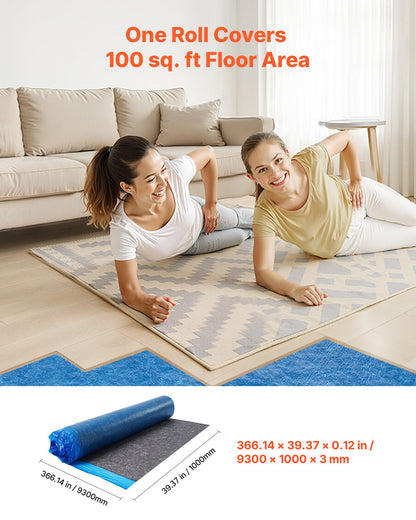 VEVOR Floor Underlayment 100 sq. ft/Roll, 3 mm Thick Laminate Flooring Padding with Attached Vapor Barrier, Heavy Duty Fiber + PE Film, Soundproofing & Noise Reduction, Ideal for Vinyl Wood - DMCDLM30MMHSY9Q12001V0 - view 3