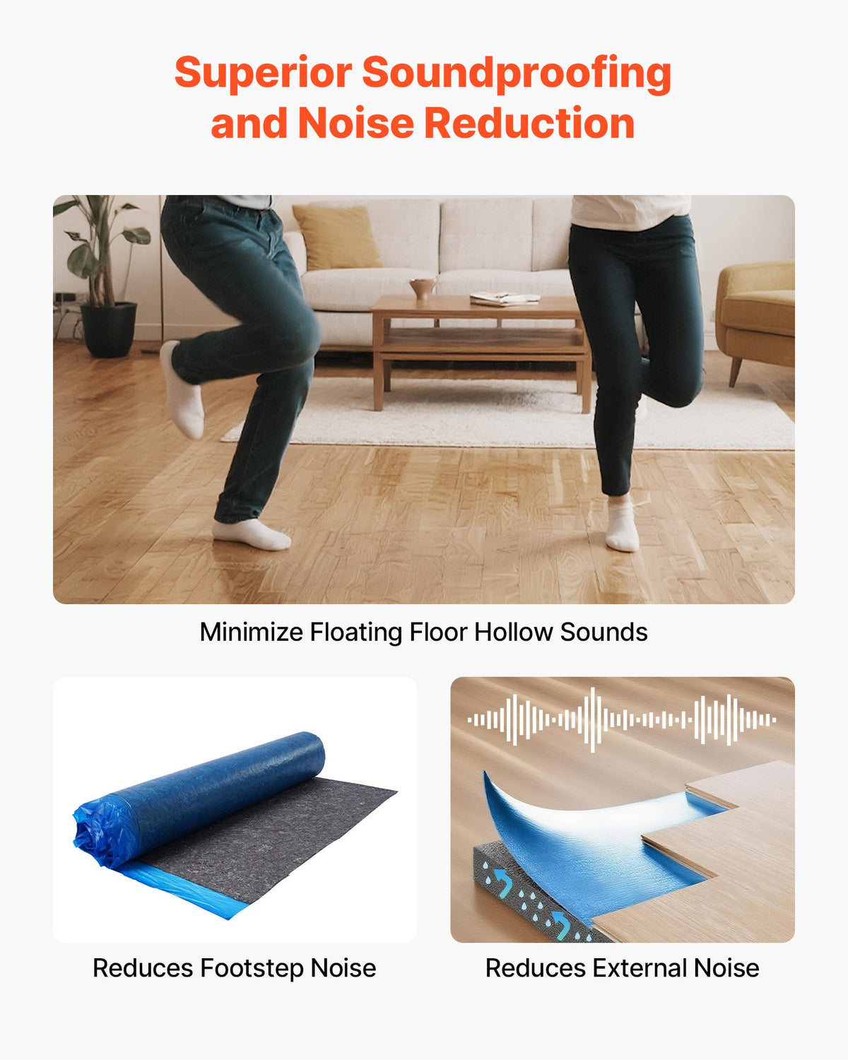 VEVOR Floor Underlayment 100 sq. ft/Roll, 3 mm Thick Laminate Flooring Padding with Attached Vapor Barrier, Heavy Duty Fiber + PE Film, Soundproofing & Noise Reduction, Ideal for Vinyl Wood - DMCDLM30MMHSY9Q12001V0 - view 5