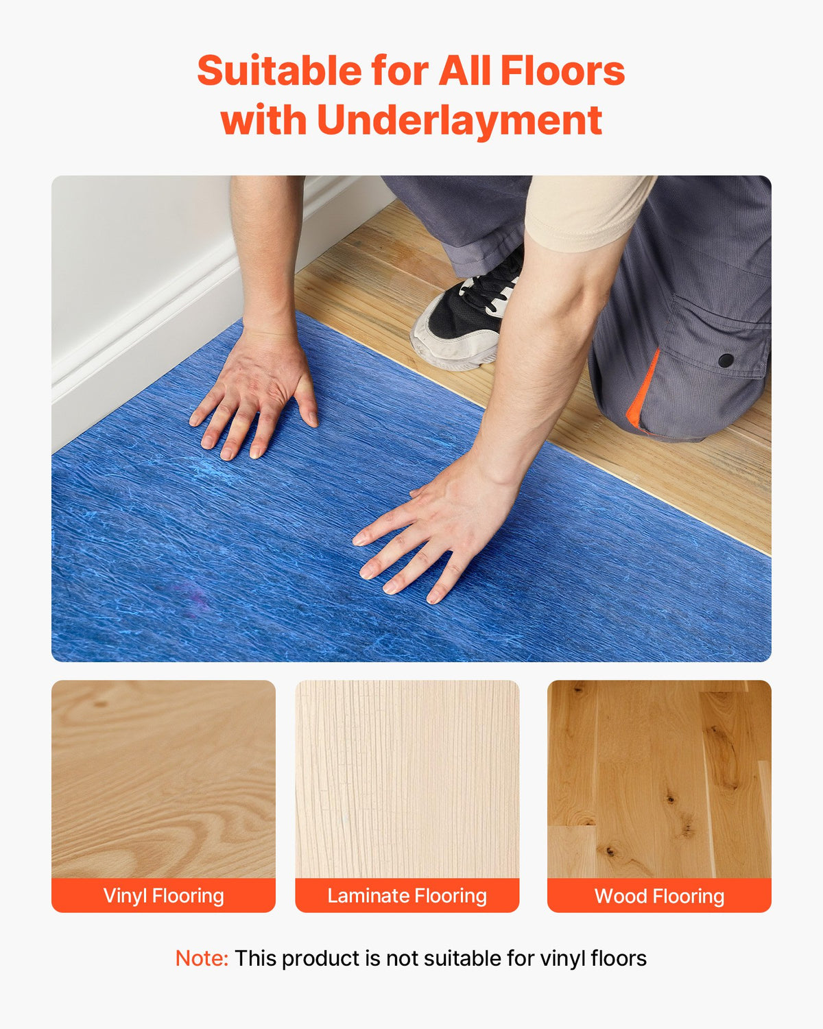 VEVOR Floor Underlayment 100 sq. ft/Roll, 3 mm Thick Laminate Flooring Padding with Attached Vapor Barrier, Heavy Duty Fiber + PE Film, Soundproofing & Noise Reduction, Ideal for Vinyl Wood - DMCDLM30MMHSY9Q12001V0 - view 7
