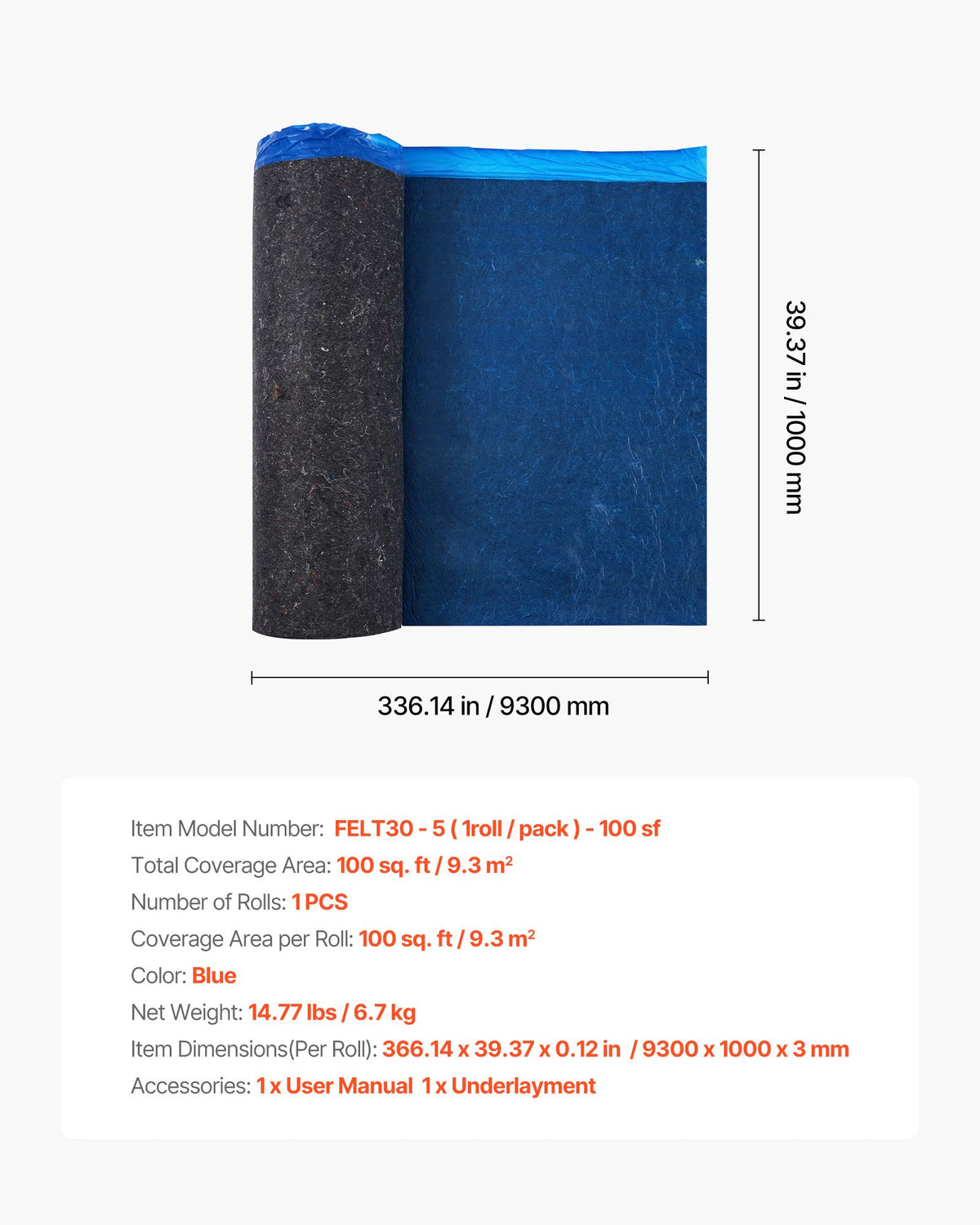 VEVOR Floor Underlayment 100 sq. ft/Roll, 3 mm Thick Laminate Flooring Padding with Attached Vapor Barrier, Heavy Duty Fiber + PE Film, Soundproofing & Noise Reduction, Ideal for Vinyl Wood - DMCDLM30MMHSY9Q12001V0 - view 8