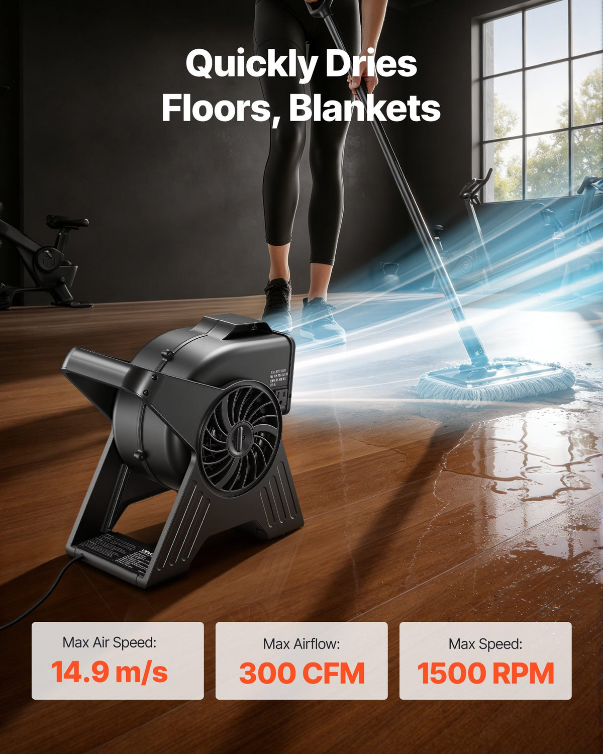 VEVOR Blower Fan, 13 in Portable Utility Floor Fan, 300 CFM, 3 Speeds, Multi-Angle Airflow, Lightweight Portable High Velocity Air Mover, for Drying, Dehumidifying, Carpets, Air Circulation, Cooling - DMGFJWLS300CDETAV001V1 - view 3