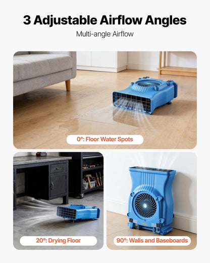 VEVOR Blower Fan, Low Profile Air Mover Carpet Dryer, 1000 CFM, 2 Speeds, Multi-Angle Airflow, Lightweight Portable for Crawlspaces, Attics, Basements, Bathrooms, Water Damage Restoration, Blue - DMGFJWS900CFGFM1U001V1 - view 4
