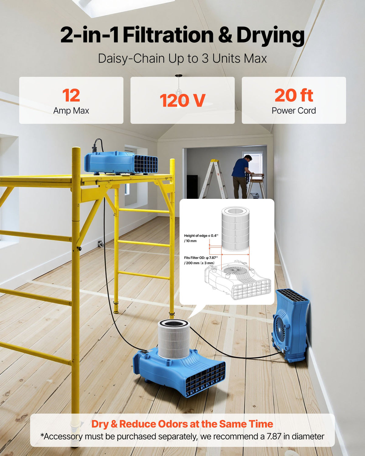 VEVOR Blower Fan, Low Profile Air Mover Carpet Dryer, 1000 CFM, 2 Speeds, Multi-Angle Airflow, Lightweight Portable for Crawlspaces, Attics, Basements, Bathrooms, Water Damage Restoration, Blue - DMGFJWS900CFGFM1U001V1 - view 7