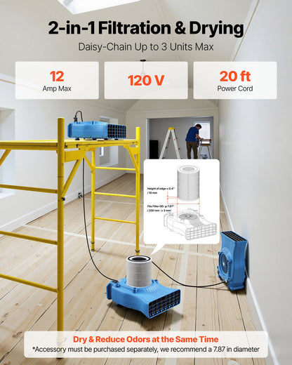 VEVOR Blower Fan, Low Profile Air Mover Carpet Dryer, 1000 CFM, 2 Speeds, Multi-Angle Airflow, Lightweight Portable for Crawlspaces, Attics, Basements, Bathrooms, Water Damage Restoration, Blue - DMGFJWS900CFGFM1U001V1 - view 7