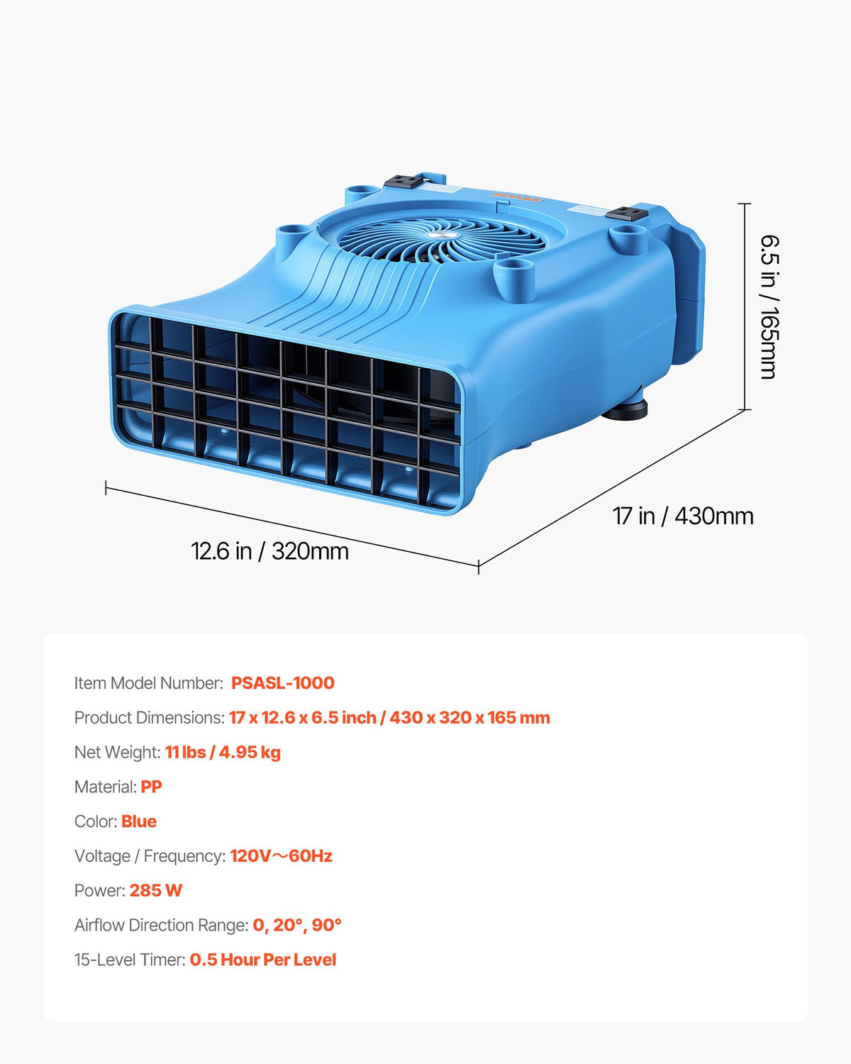 VEVOR Blower Fan, Low Profile Air Mover Carpet Dryer, 1000 CFM, 2 Speeds, Multi-Angle Airflow, Lightweight Portable for Crawlspaces, Attics, Basements, Bathrooms, Water Damage Restoration, Blue - DMGFJWS900CFGFM1U001V1 - view 8